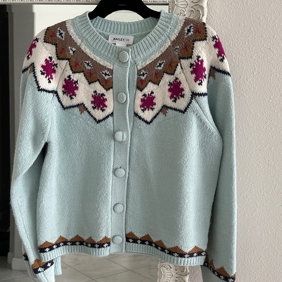 Bailey 44 Sweaters - Bailey 44 Mint Blue Fair Isle Button-Front Cardigan with Pink Accents